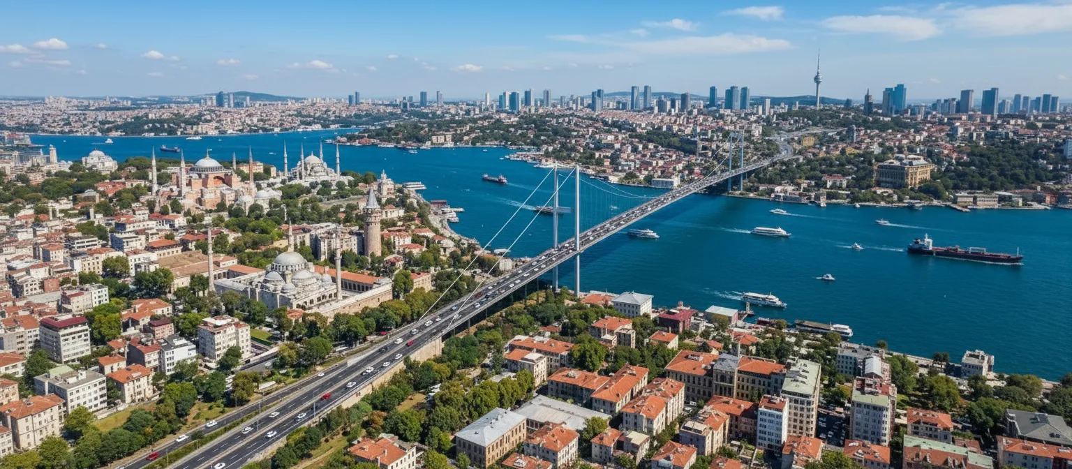İstanbul silüeti. Kağıthane Su Tesisat’ın yalnızca İstanbul ilçelerinde verdiği kurumsal tesisat hizmetini simgeler.